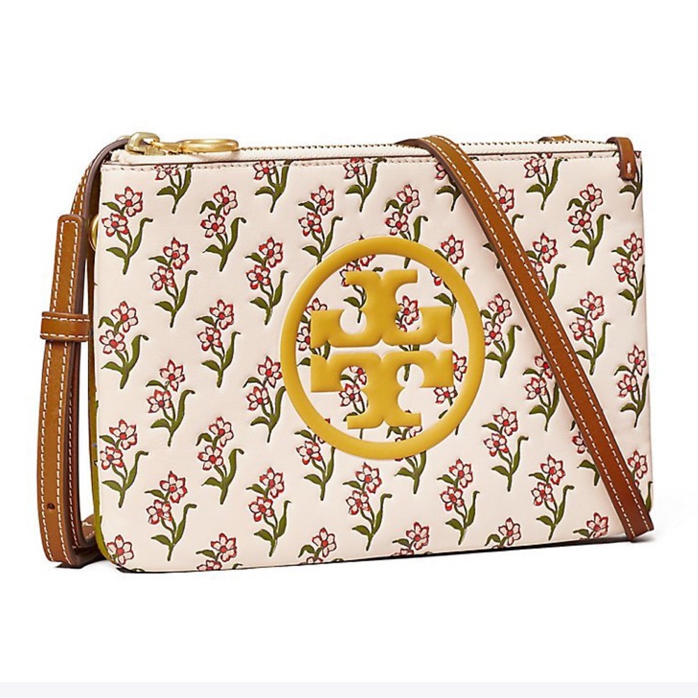 New Tory Burch Perry Bombé Printed Double-Zip Mini Bag, Floral Crossbody Purse